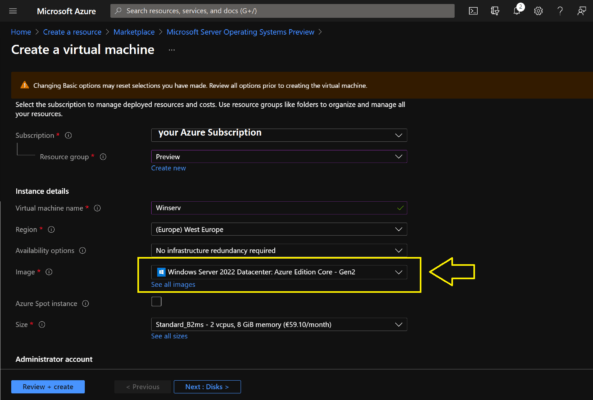 create windows server 2022 preview