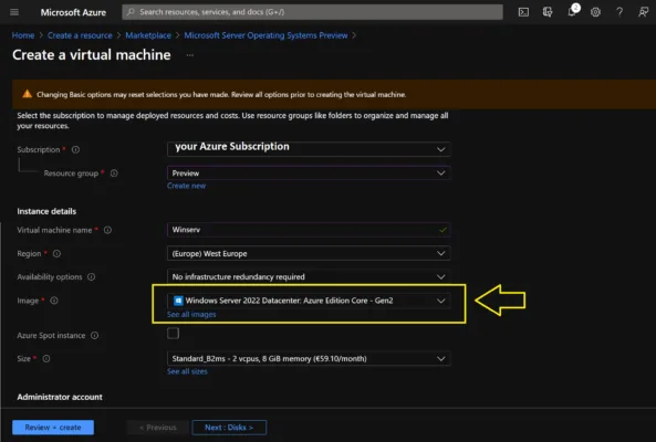 create windows server 2022 preview 1